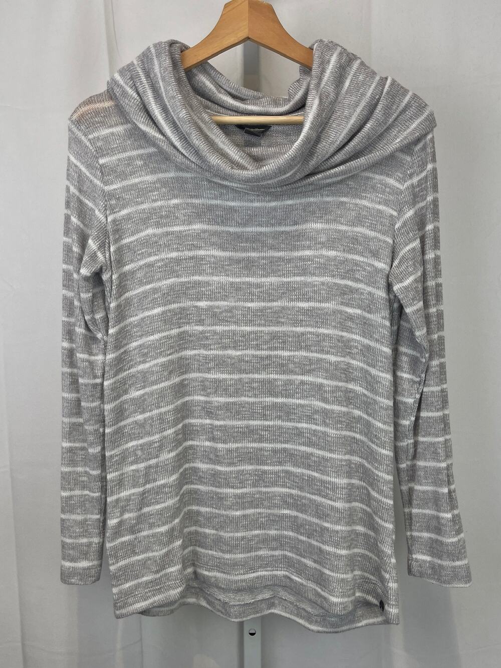 EDDIE BAUER Striped Cowl Neck Pullover Sweater Knit Top Gray White Size S